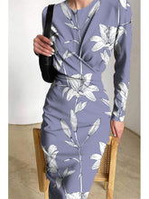 Printed Satin Pleats Elegant Slim Fit Crew Neck Maxi Dress